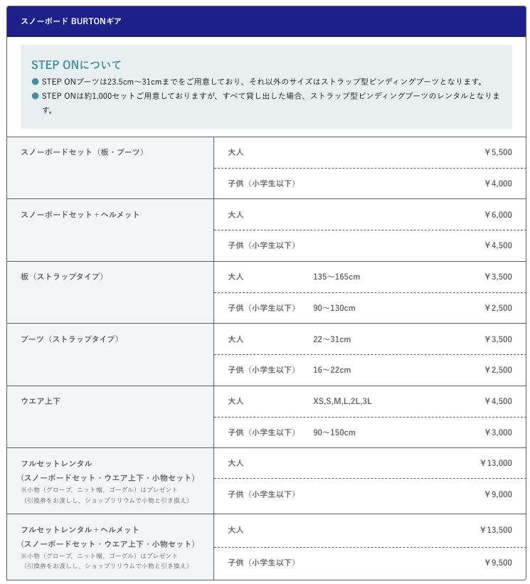 勝山滑雪場 租雪具, 租賃價格表