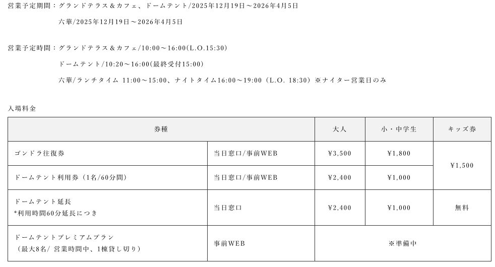 石打丸山滑雪場圓頂帳篷, 營業資訊