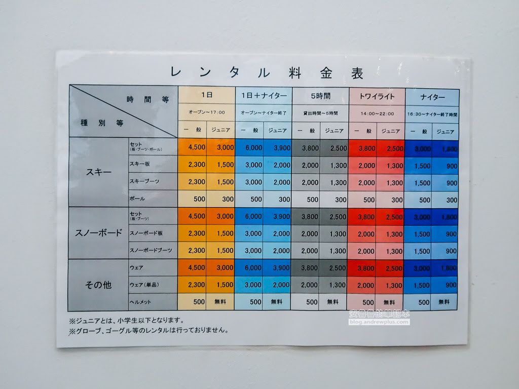 諾恩水上滑雪場 雪具出租, 料金表