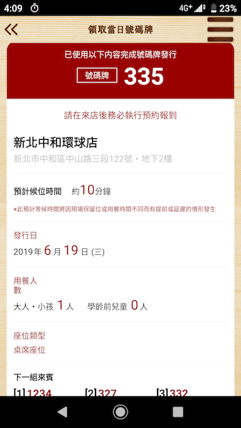 壽司郎訂位APP, 號碼牌發行